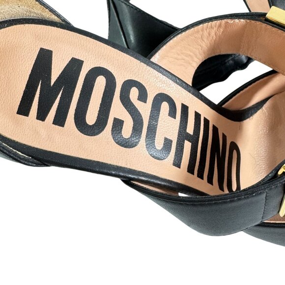 $890 MOSCHINO Milano Black Leather Logo Letter Strappy Sandals Italy 36 - 6US - Picture 7 of 12